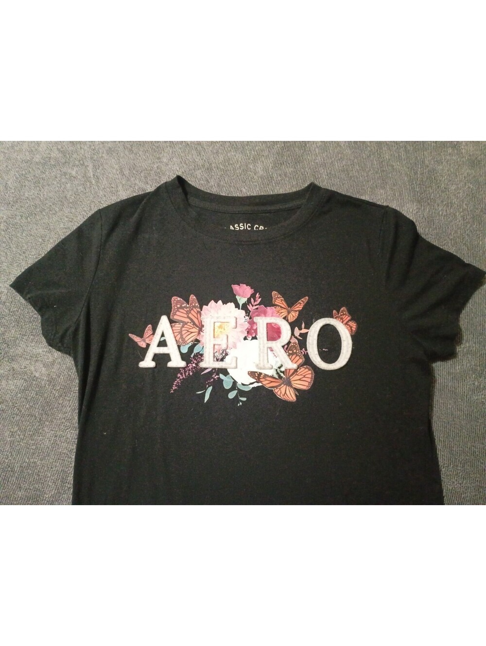 Y2K Inspired Aeropostale Classic Crew Black Floral Butterfly Graphic T Shirt